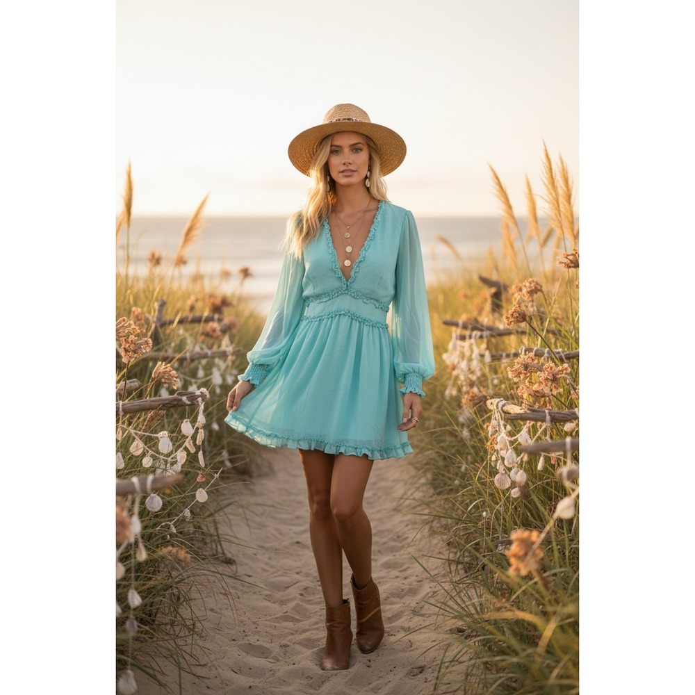Aqua Light Blue Ruffle Open Back Mini Dress Long Sleeve DD2189 Large NWT